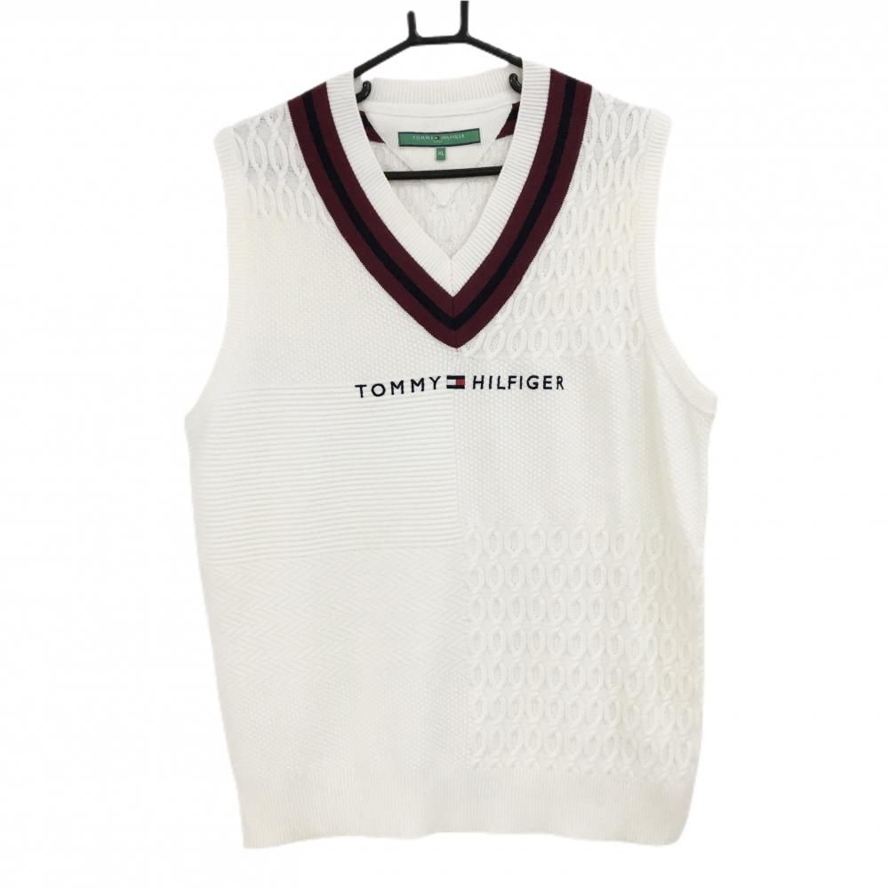 トミーヒルフィガーゴルフ ニットベスト 白×ボルドー Vネック ロゴ