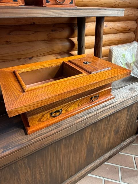 アンティーク】木製 長火鉢風 小物入れ 銅張り（隠し引き出し付き