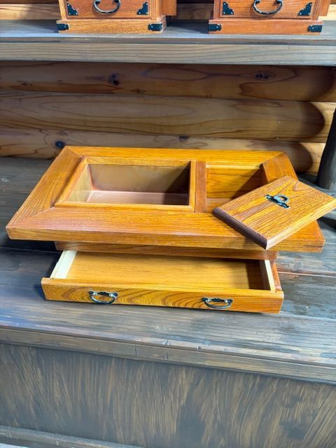 アンティーク】木製 長火鉢風 小物入れ 銅張り（隠し引き出し付き