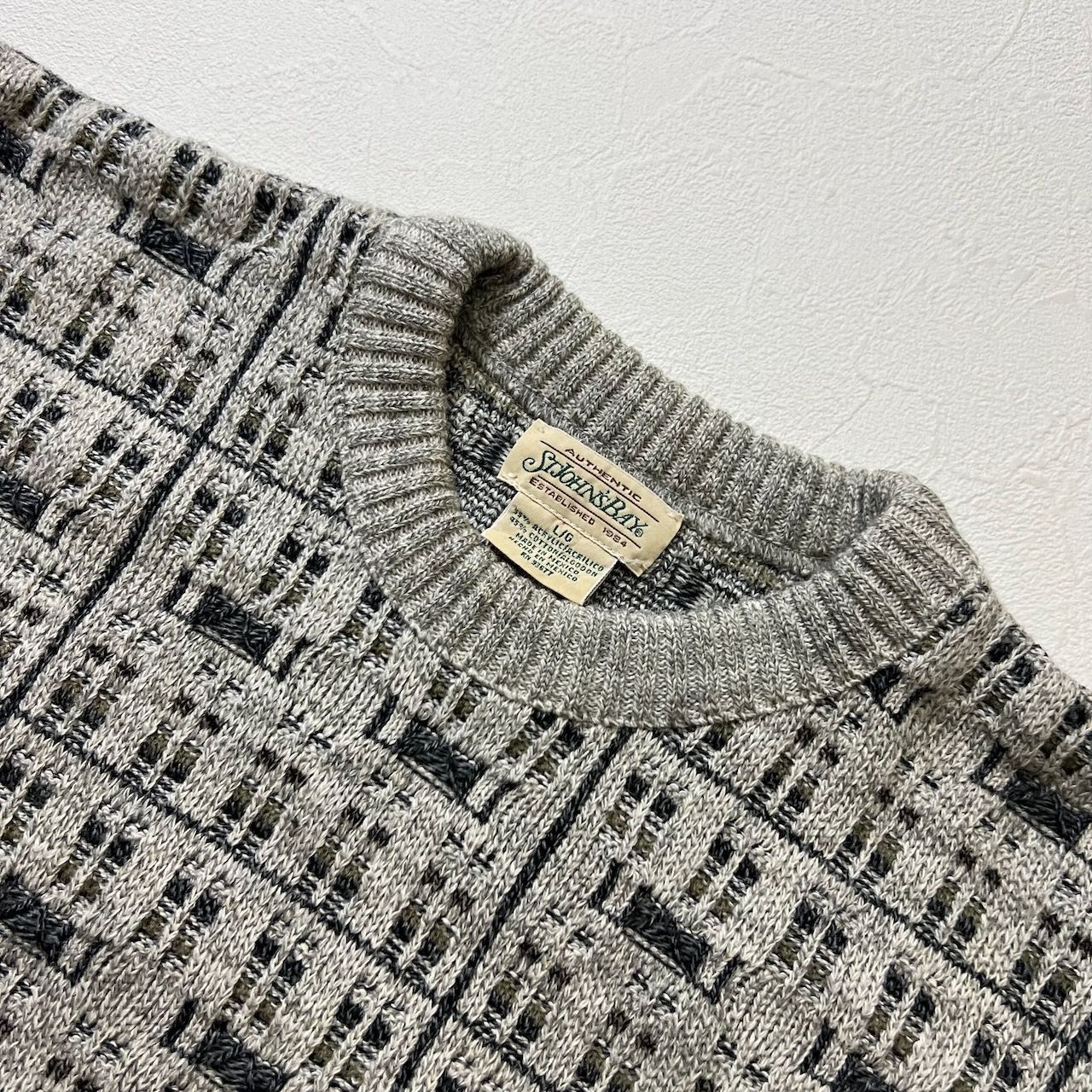 90s St. John's Bay アクリル コットン 幾何学 総柄 ニット セーター