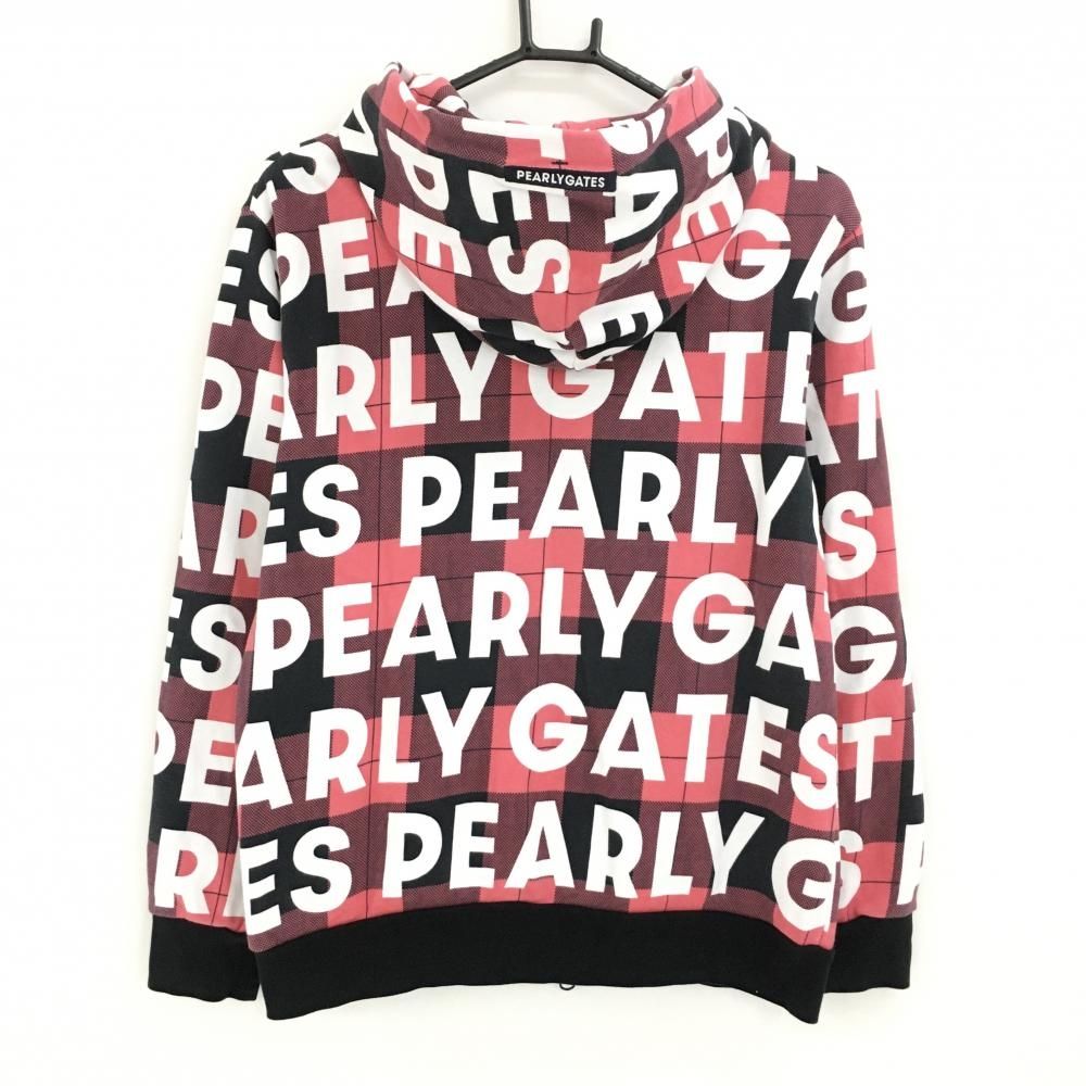 美品】パーリーゲイツ ジップパーカー ピンク×黒×白 チェック ロゴ総柄