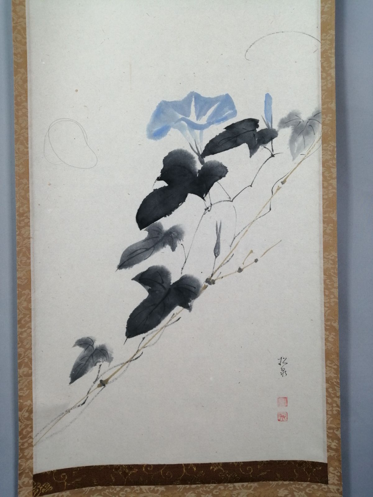 茶道具】大徳寺 雪尾要道和尚筆 朝顔画賛『雲遥々』 茶掛 掛軸 軸C174