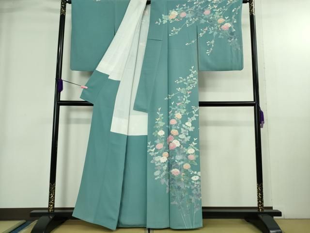 平和屋着物○極上 十日町友禅作家 阿部佳雪 訪問着 枝花文 新橋色地