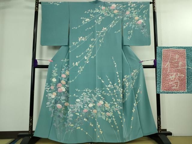 平和屋着物○極上 十日町友禅作家 阿部佳雪 訪問着 枝花文 新橋色地