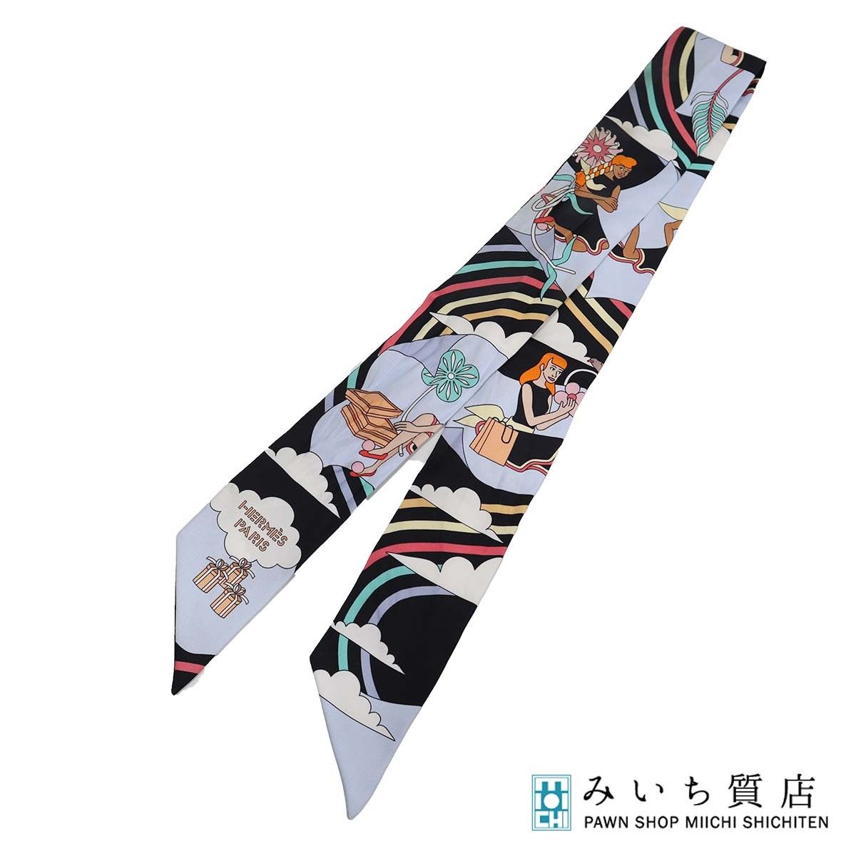 HERMES エルメス ツイリー 空飛ぶカレ ブルー 黒 シルク 100％ 服飾