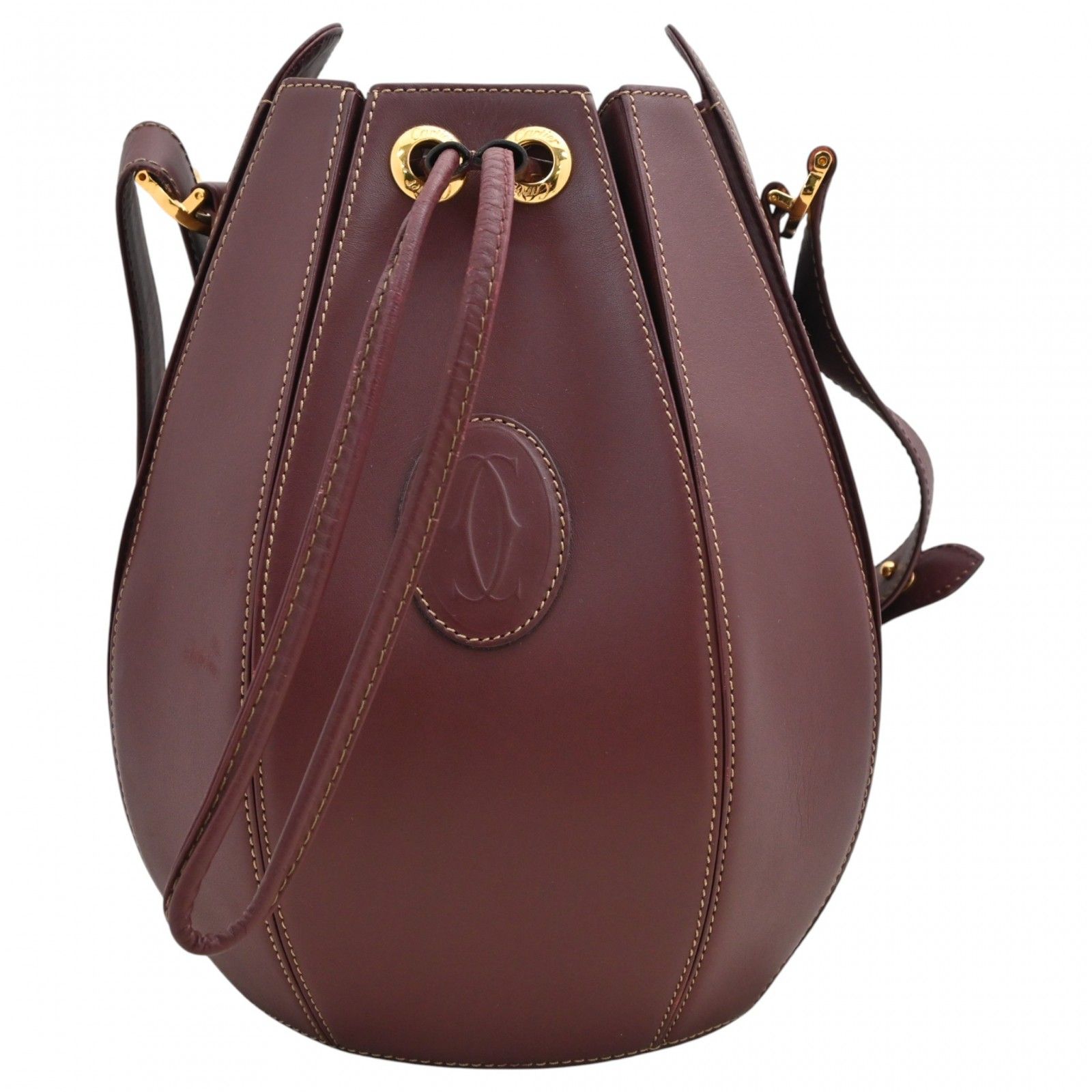 カルティエ マストライン 巾着型 ショルダーバッグ レザー ボルドー B