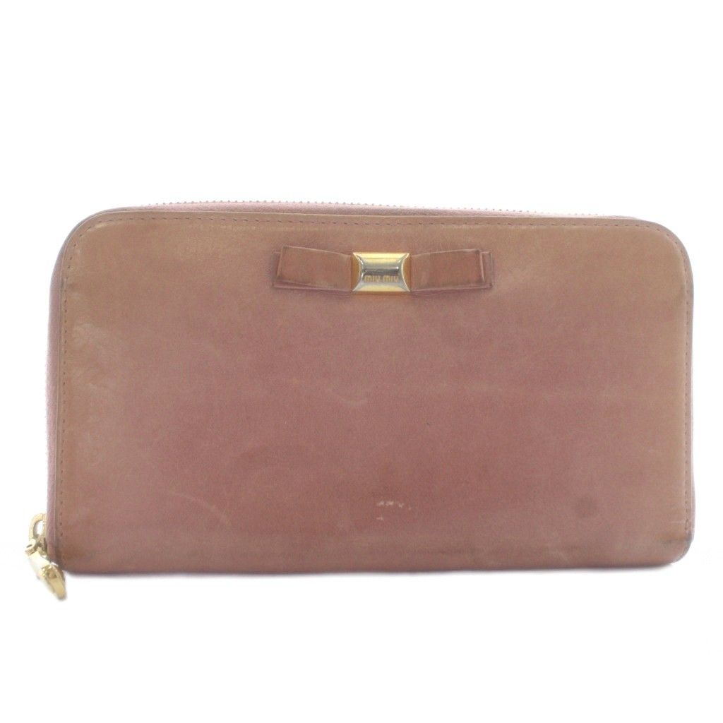 ミュウミュウ miumiu 長財布 レザー ラウンドファスナー リボン ロゴ