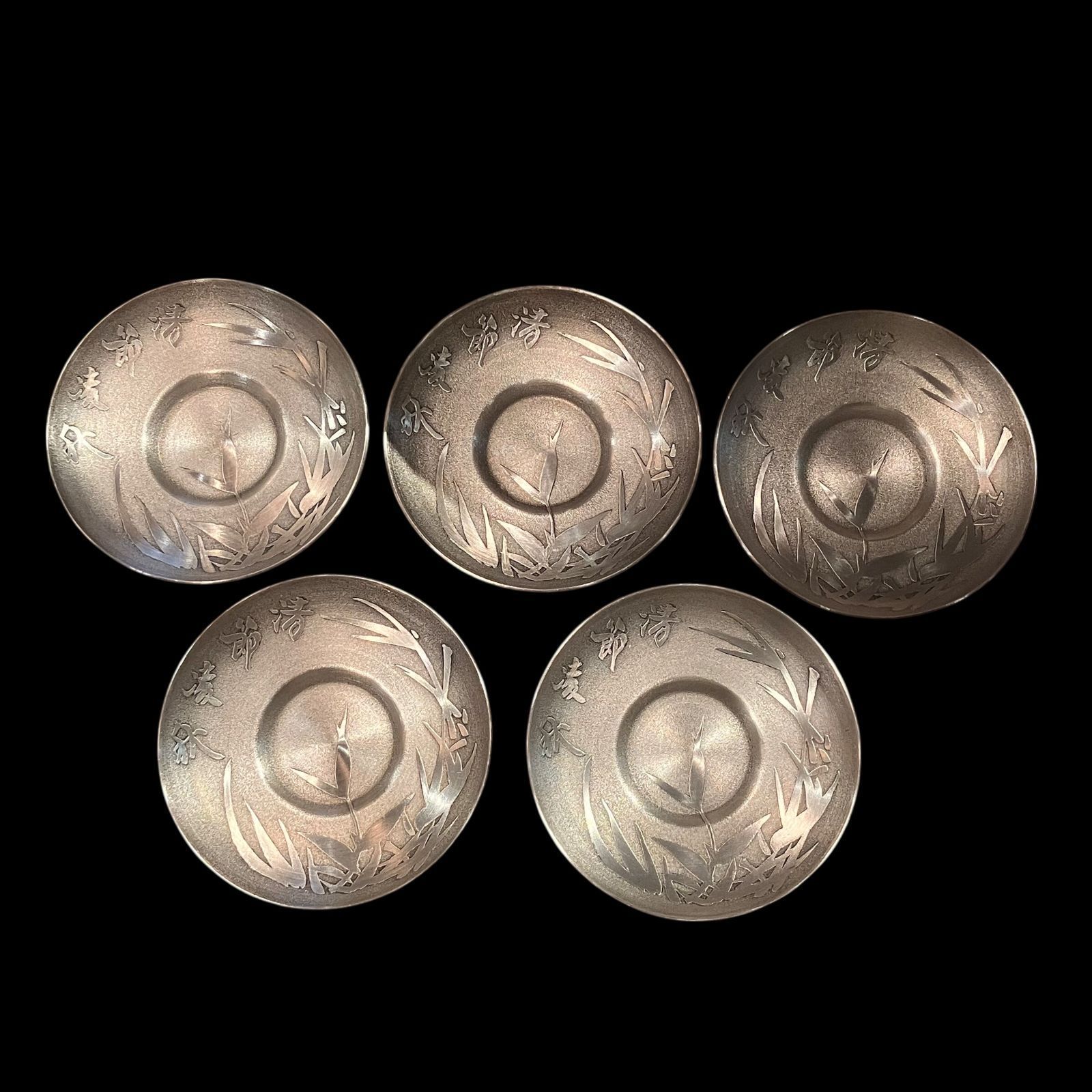 錫製 清節凌秋 御茶托 5枚セット 竹彫文 煎茶道具 金属工芸 伝統工芸