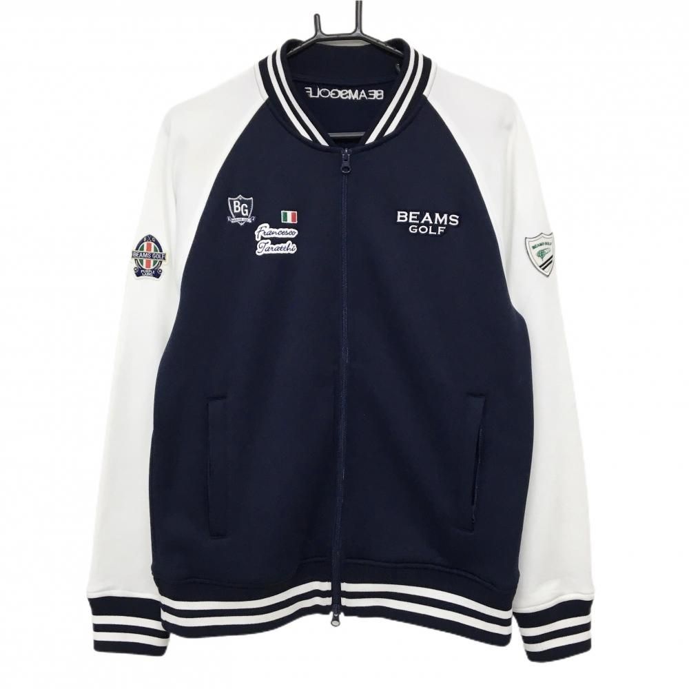 ビームスゴルフ ジャケットブルゾン ネイビー×白 裏起毛 複数ワッペン