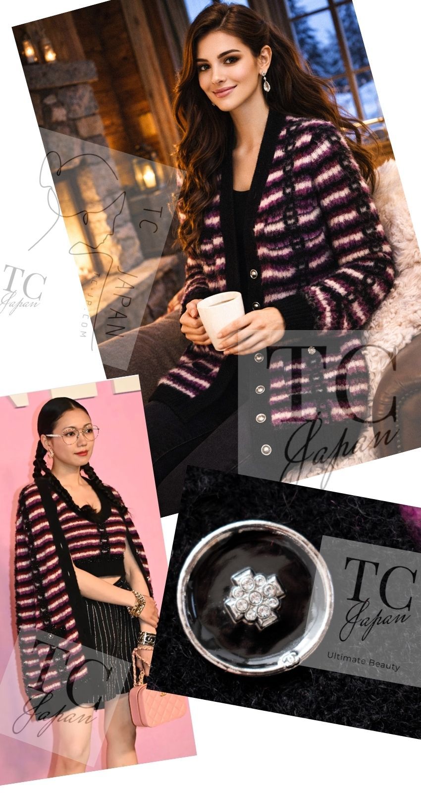シャネル カーディガン 57万 CHANEL 23PA 2023 ブラック パープル バーガンディ ふわっふわボーダーニット  女優着 超美品 36 38 日本7/9号 シャネル カーディガン 57万 CHANEL 23PA 2023 ブラック パープル