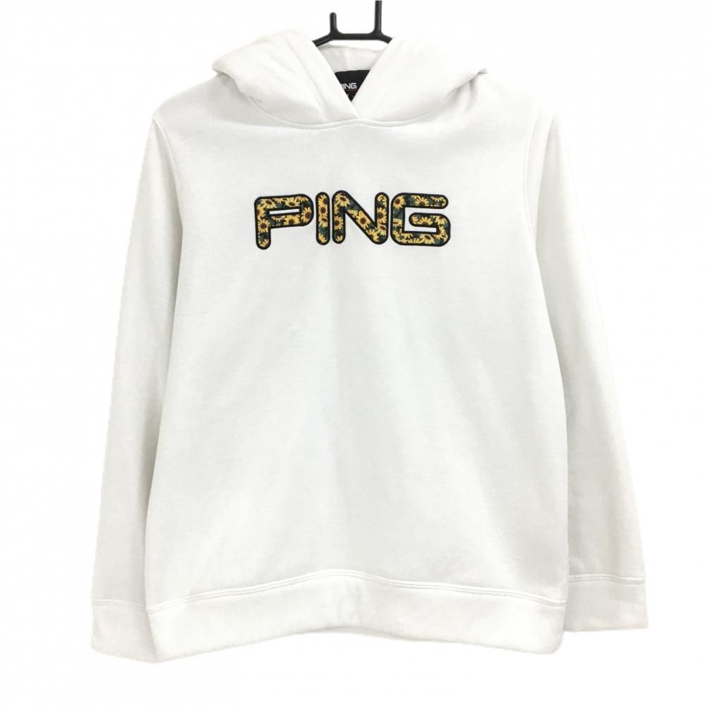 ピン パーカー 白×イエロー ロゴひまわり柄 裏起毛 レディース L