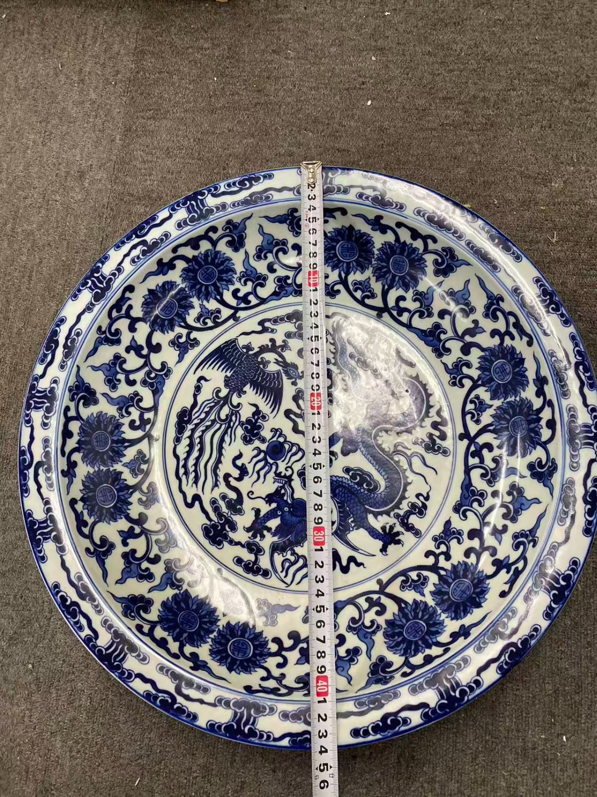 中国古美術 青染大皿 特大 超大 名品 珍しい 在銘 大清雍正年製 龍 凰