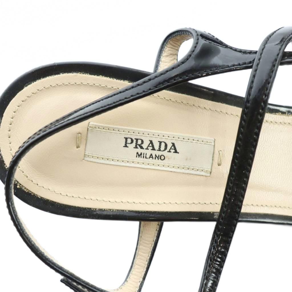 プラダ PRADA サンダル エナメル ウェッジソール ロゴ 38 25cm 黒