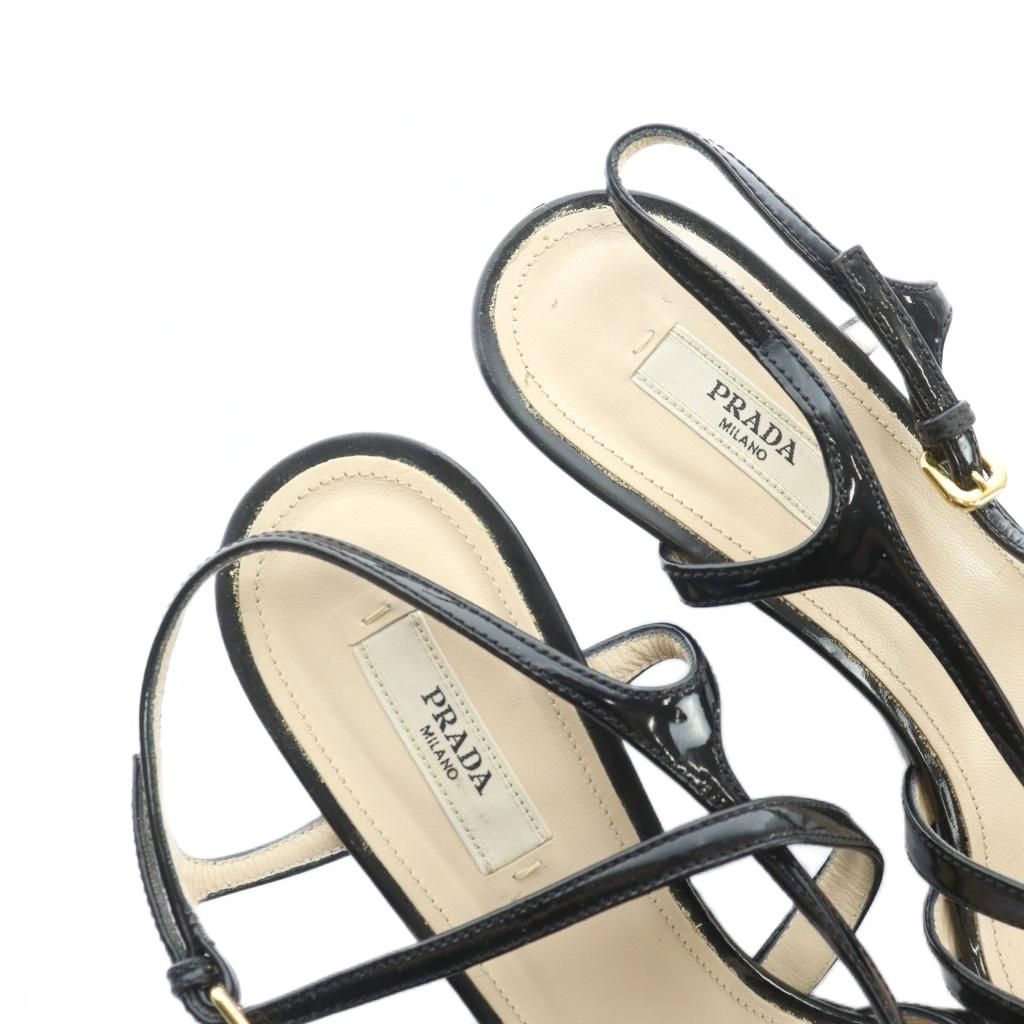 プラダ PRADA サンダル エナメル ウェッジソール ロゴ 38 25cm 黒