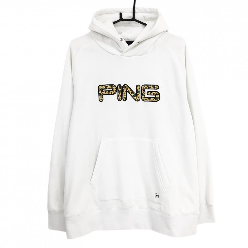 ピン パーカー 白×イエロー ロゴひまわり柄 裏起毛 メンズ LL ゴルフ