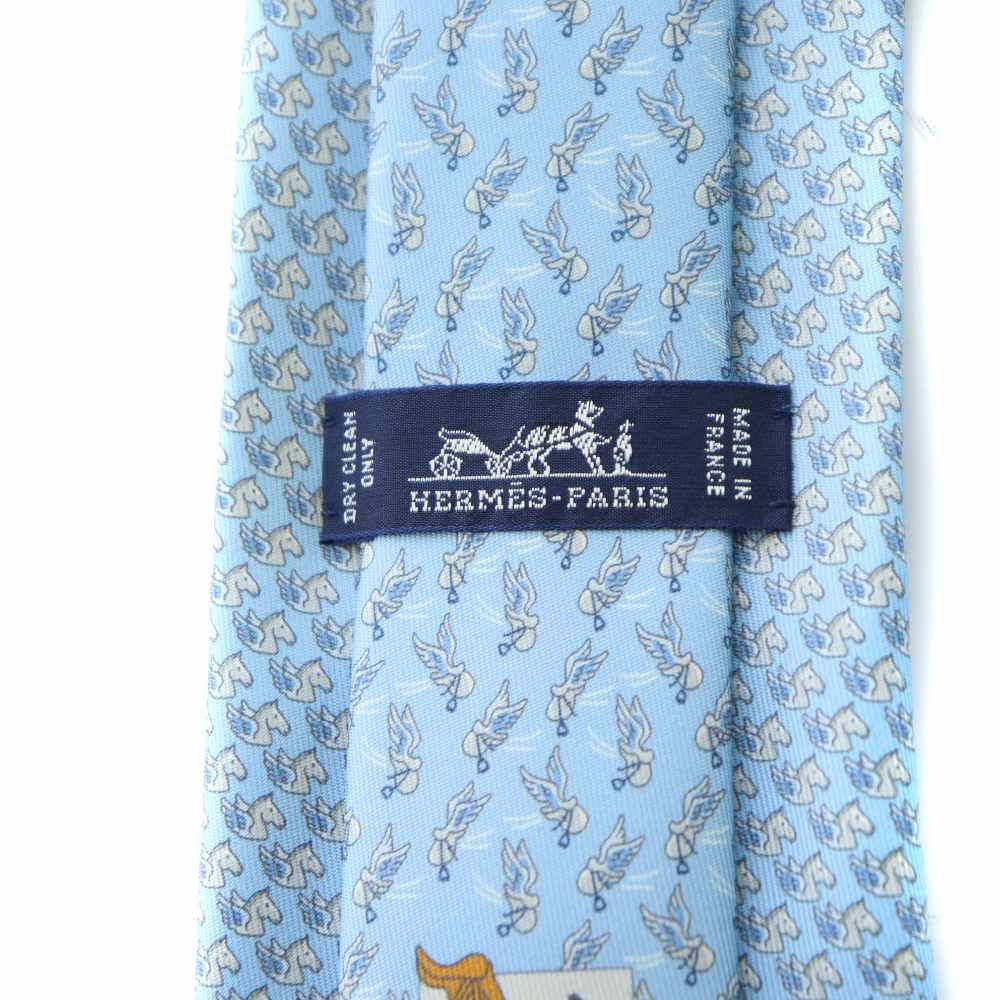 エルメス HERMES ネクタイ レギュラータイ 絹 シルク ロゴ 総柄 青