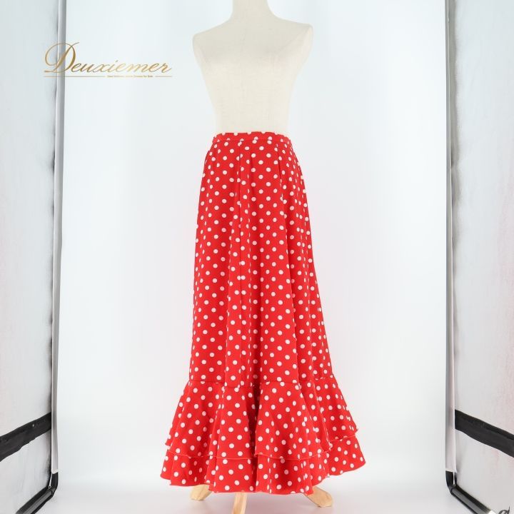 フラメンコ 衣装 ファルダ スカート 赤 水玉 白 ホワイト ボランテ