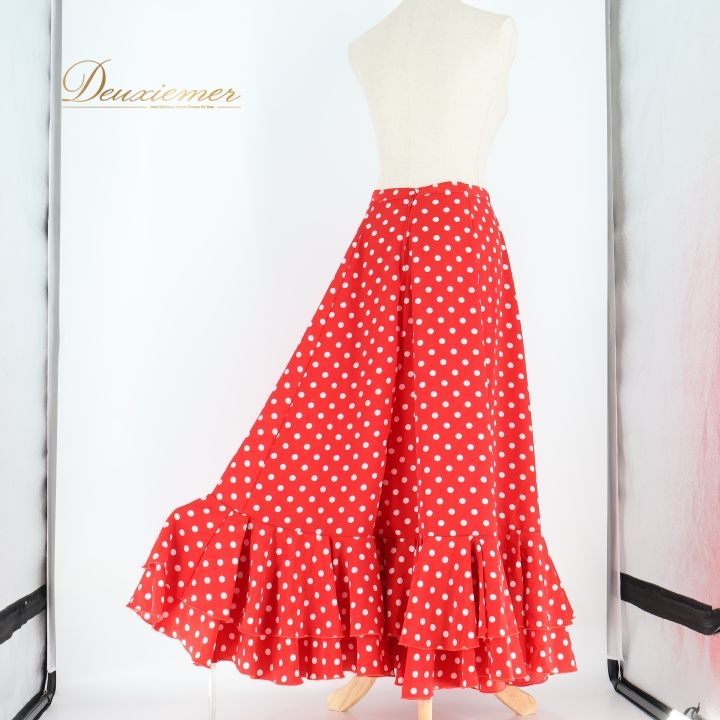 フラメンコ 衣装 ファルダ スカート 赤 水玉 白 ホワイト ボランテ
