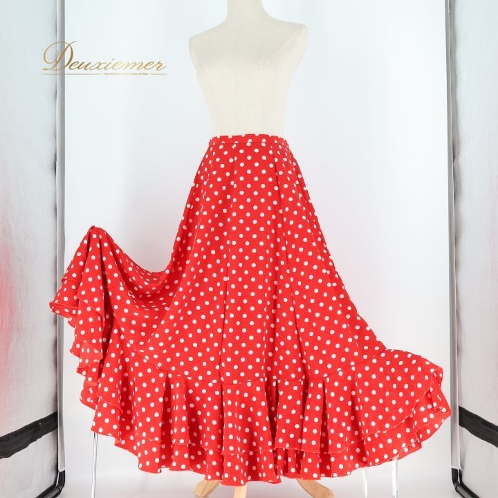 フラメンコ 衣装 ファルダ スカート 赤 水玉 白 ホワイト ボランテ