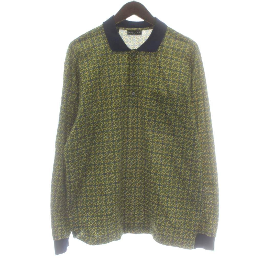 セリーヌ CELINE HOMME ヴィンテージ ポロシャツ 長袖 総柄 L カーキ