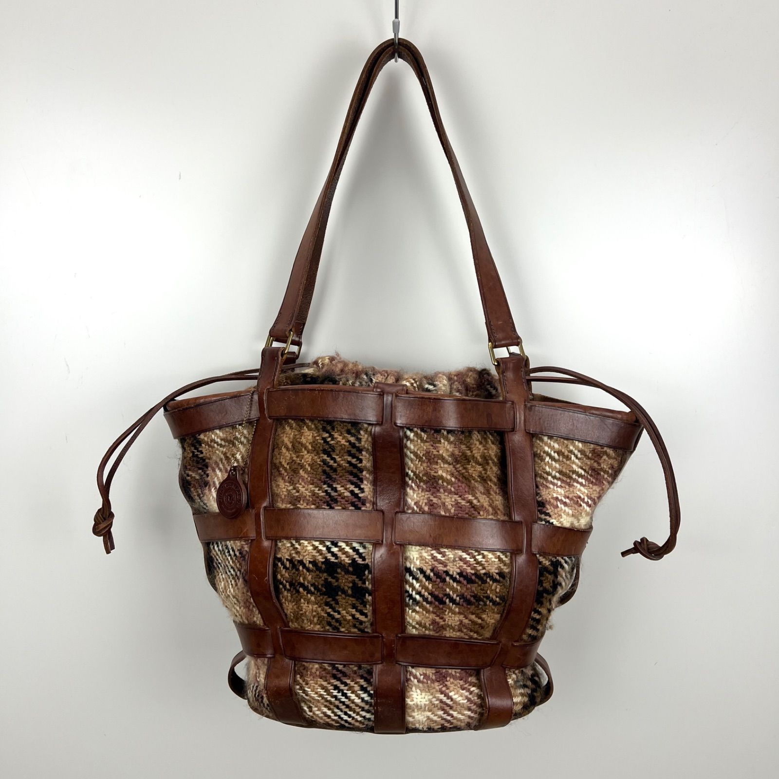 JUST CAMPAGNE leather basket bag brown plaid ジュストカンパーニュ 