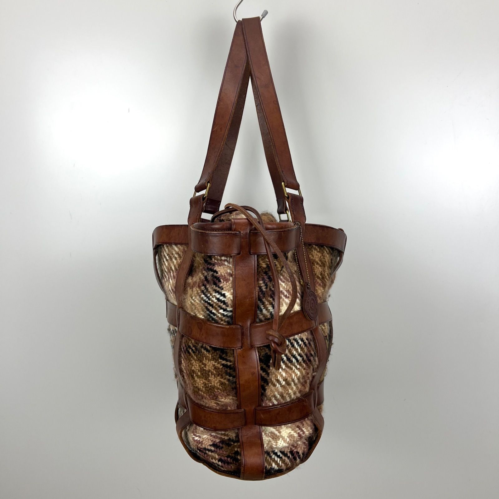 JUST CAMPAGNE leather basket bag brown plaid ジュストカンパーニュ