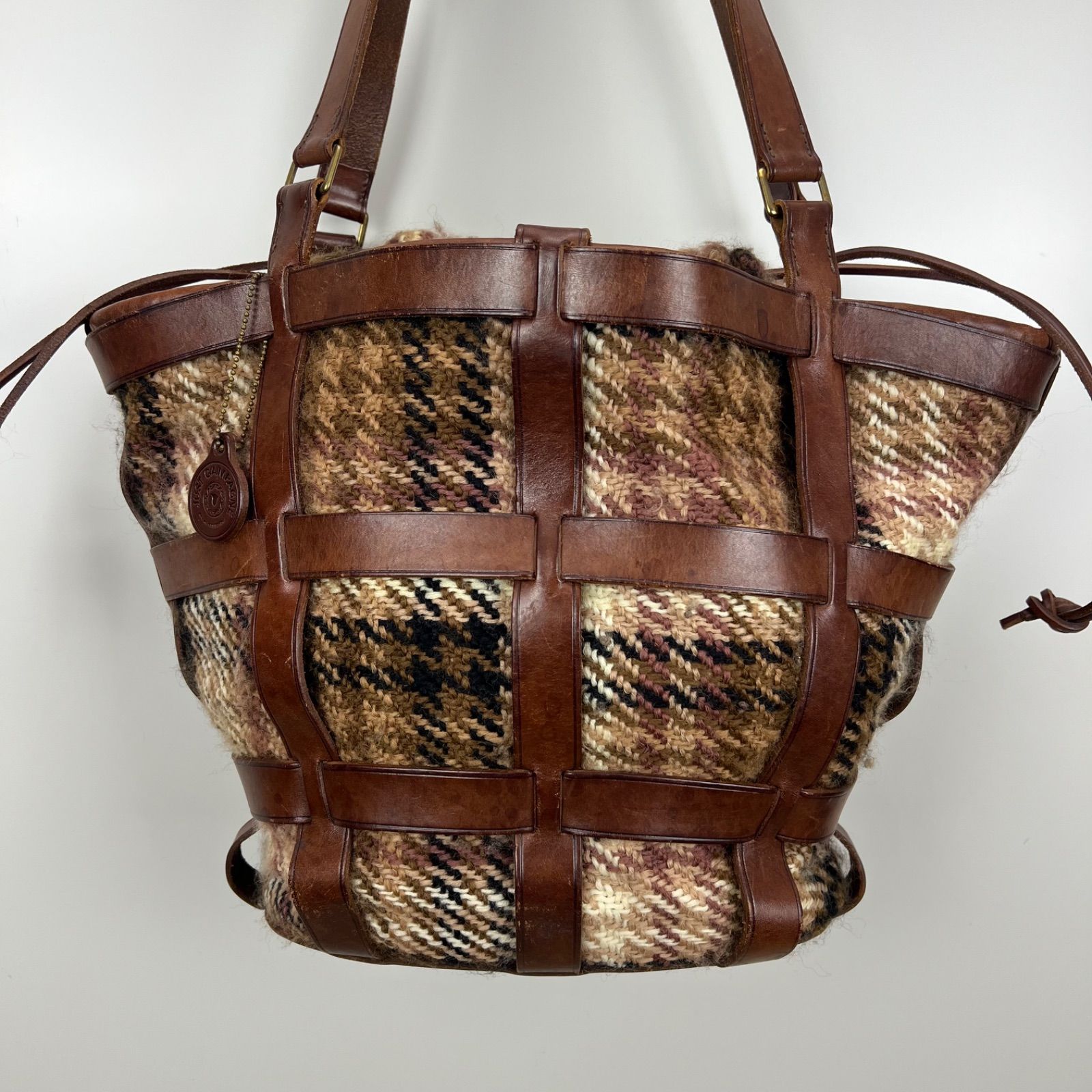 JUST CAMPAGNE leather basket bag brown plaid ジュストカンパーニュ