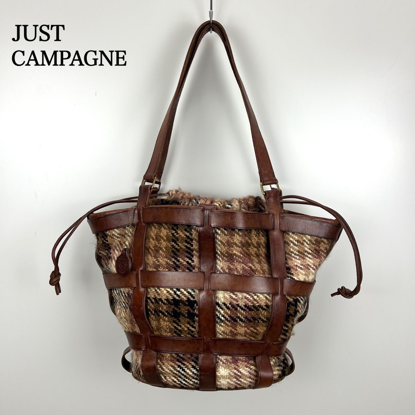 JUST CAMPAGNE leather basket bag brown plaid ジュストカンパーニュ