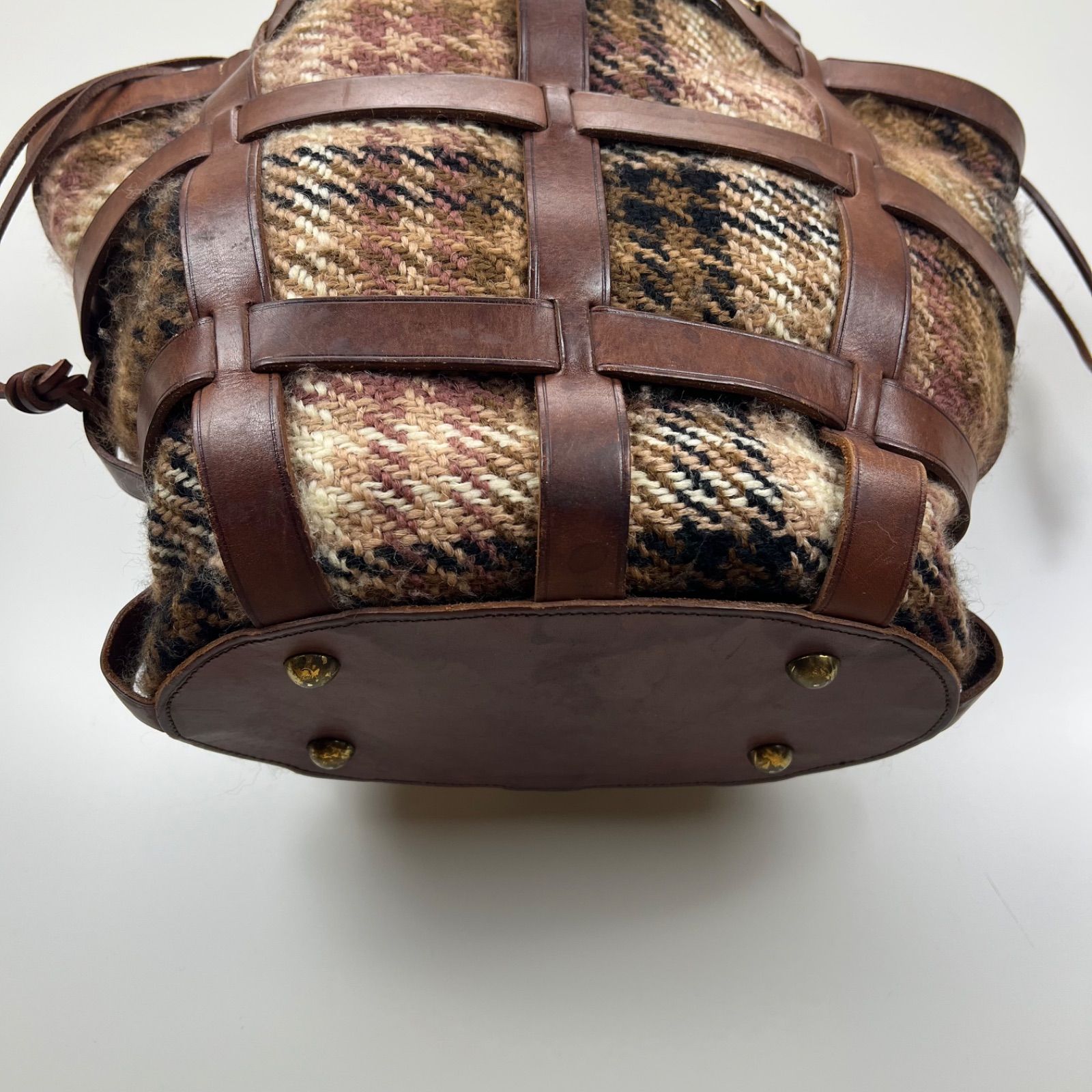 JUST CAMPAGNE leather basket bag brown plaid ジュストカンパーニュ