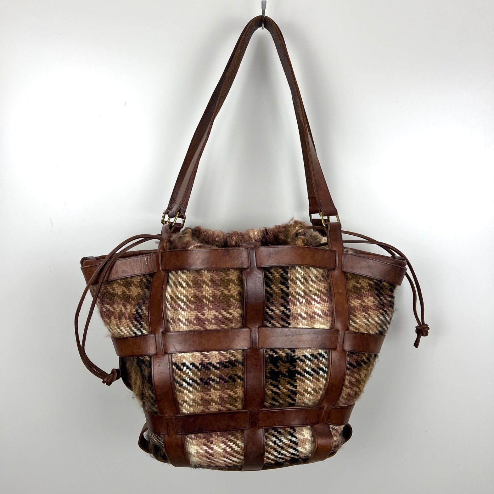 JUST CAMPAGNE leather basket bag brown plaid ジュストカンパーニュ