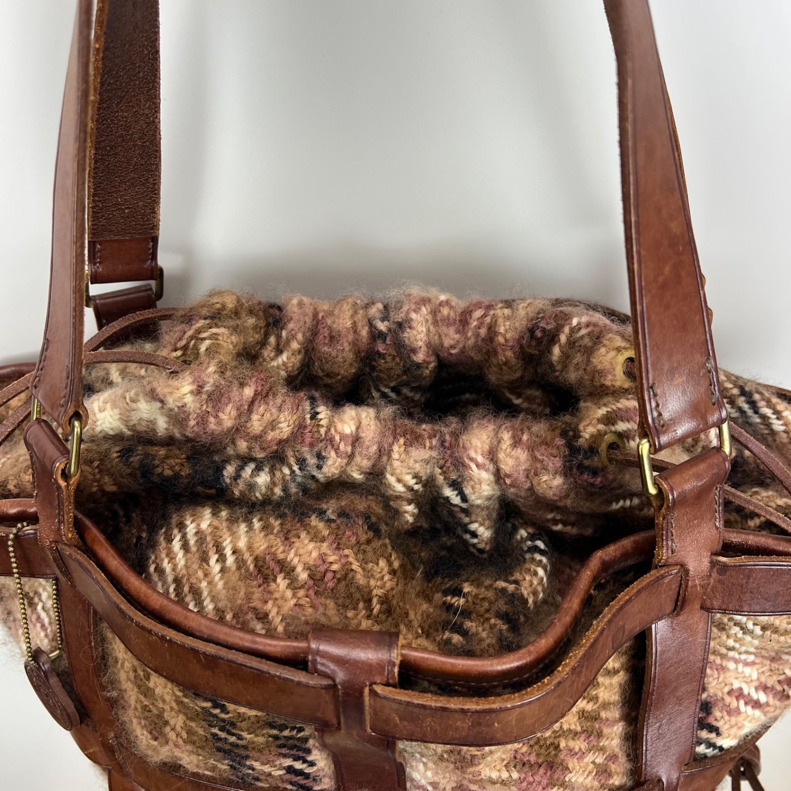 JUST CAMPAGNE leather basket bag brown plaid ジュストカンパーニュ