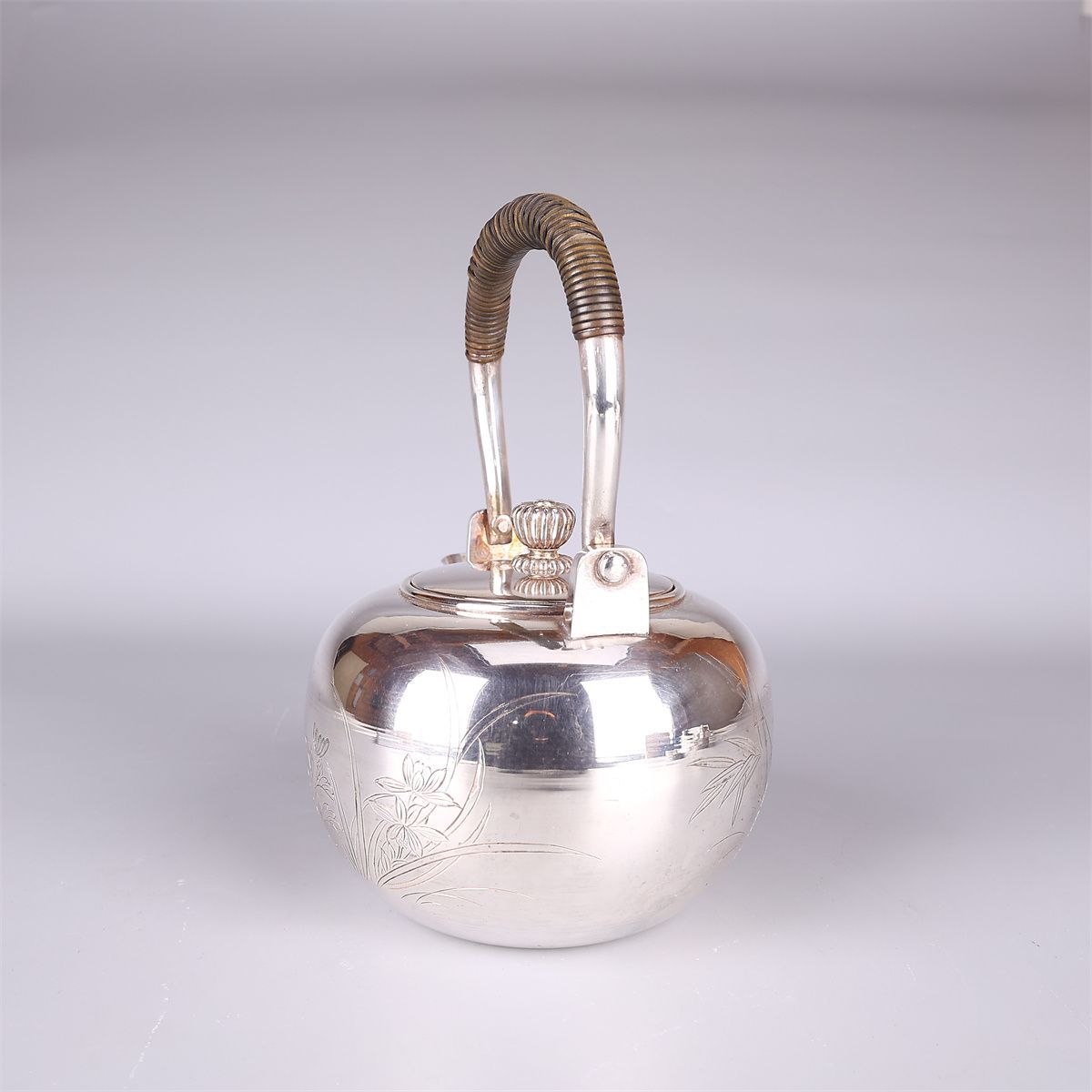 時代 竹影堂造 【純銀製】 蘭文彫刻 銀瓶 急須 茶托 7点セット 重1086g