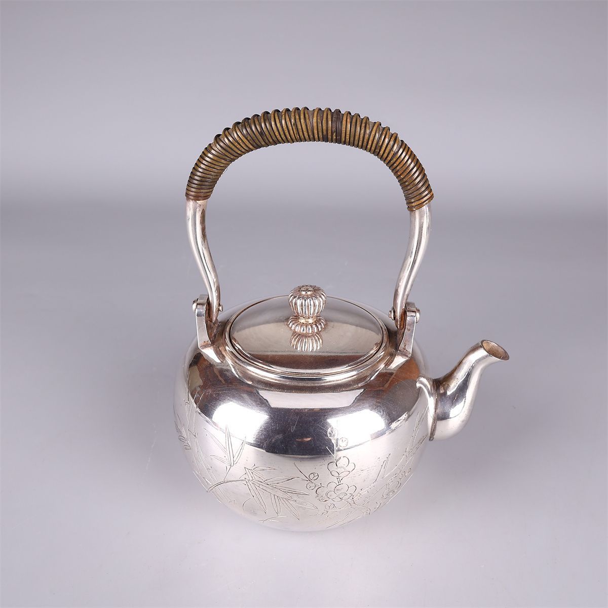 時代 竹影堂造 【純銀製】 蘭文彫刻 銀瓶 急須 茶托 7点セット 重1086g