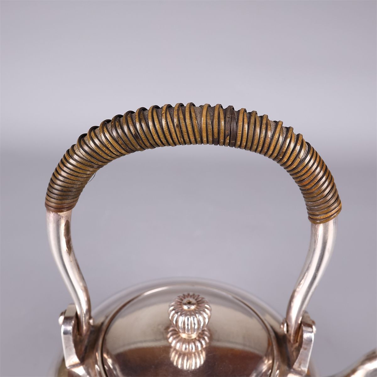 時代 竹影堂造 【純銀製】 蘭文彫刻 銀瓶 急須 茶托 7点セット 重1086g