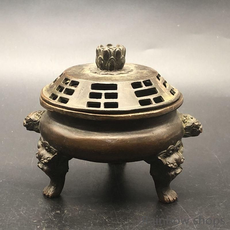 新品・未使用】 銅器 三足双獅頭香炉 蓮華蓋薫香炉 茶道薫香炉 装飾品