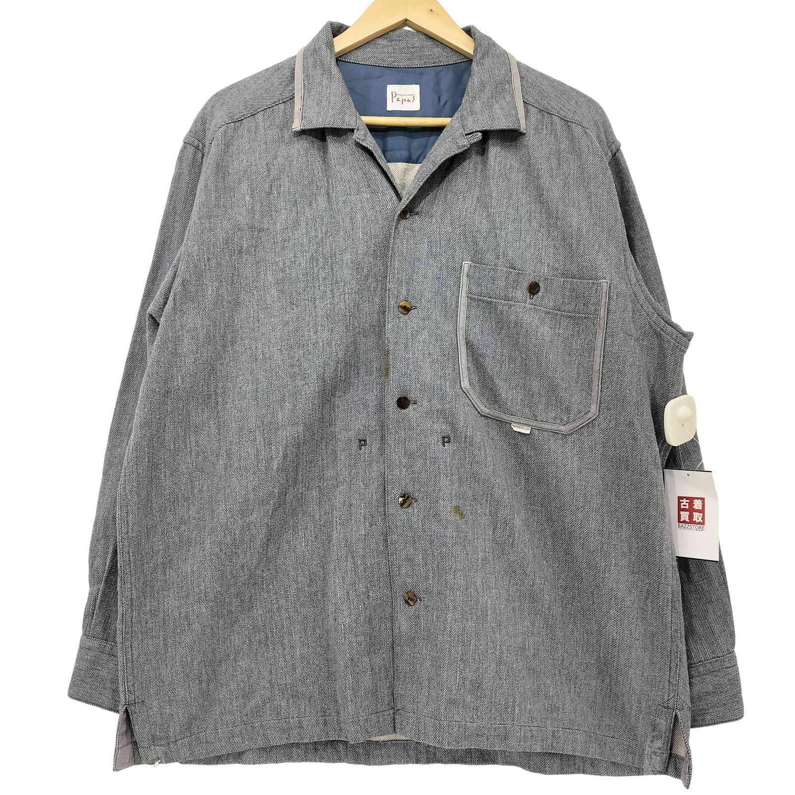 パパス 美品 PAPAS ウール ネルシャツ L グレー パパス papas ウール混 コットンシャツジャケット メンズ JPN：M