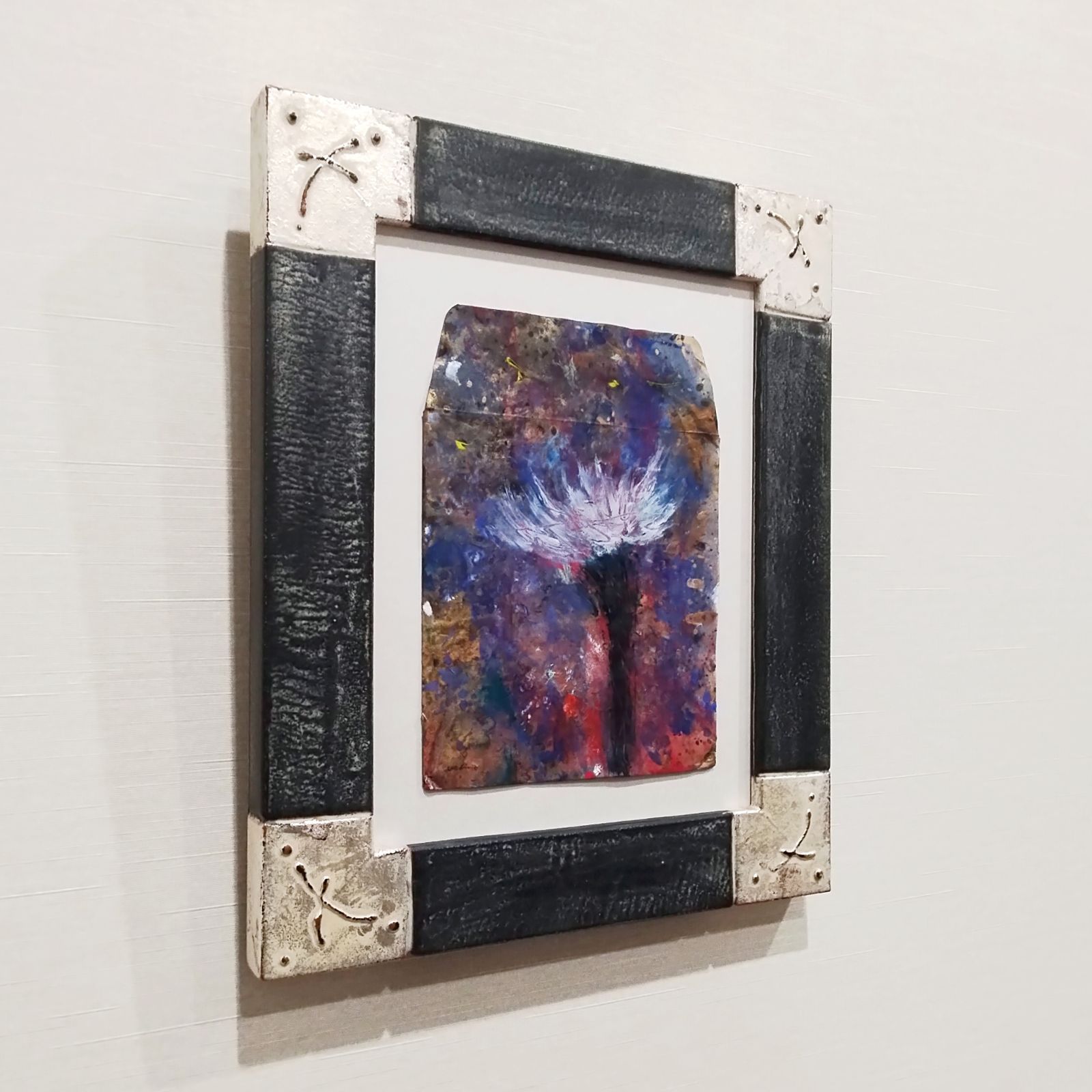 内野隆文 花 古い封筒にアクリル絵具 絵画 現代アート 美術作品 額縁