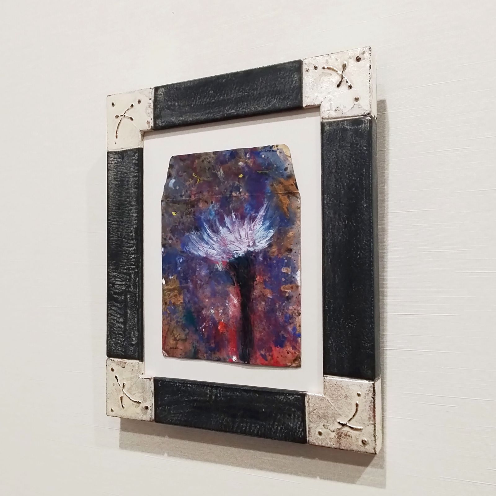 内野隆文 花 古い封筒にアクリル絵具 絵画 現代アート 美術作品 額縁