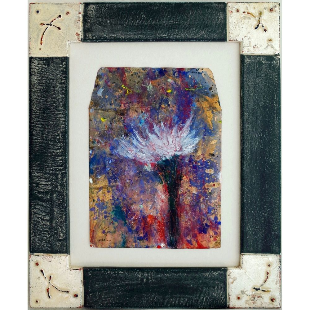 内野隆文 花 古い封筒にアクリル絵具 絵画 現代アート 美術作品 額縁