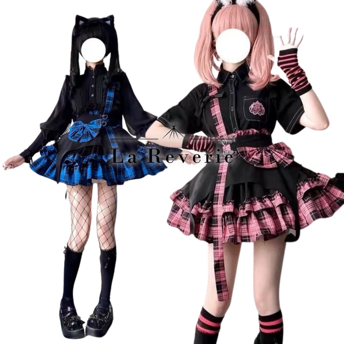 ゴシック パンク チェック コンカフェ フリル ミニ スカート ピンク ブルー 地雷系 量産型 ロリータ 原宿 病みかわ ハイウエスト ギャザー 双子 イベント リボン ティーン レディース ファッション ティアードスカート ライブ ブラック 黒 青