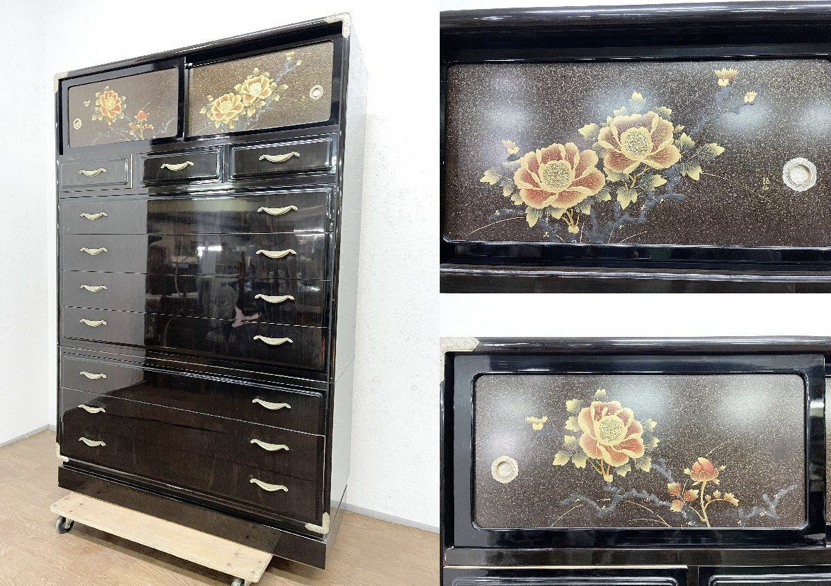 ◇桐たんす 龍仙 和家具 整理箪笥 収納 漆塗 和箪笥 牡丹 金蒔絵 工芸