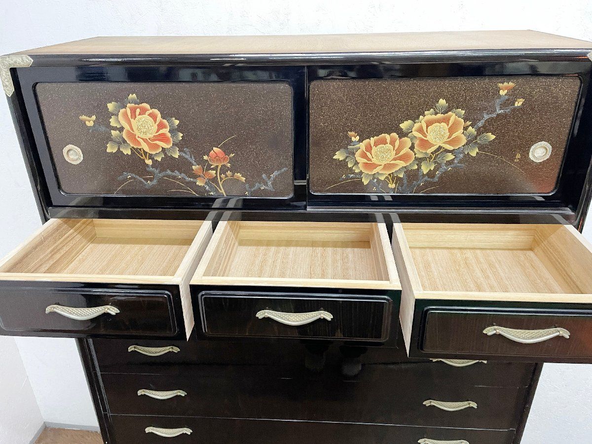 ◇桐たんす 龍仙 和家具 整理箪笥 収納 漆塗 和箪笥 牡丹 金蒔絵 工芸