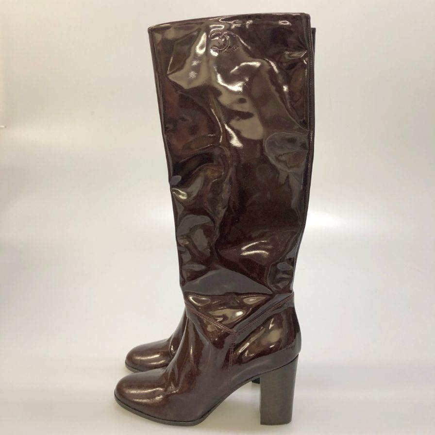 シャネル パテントレザー ロングブーツ ココマーク ブラウン【AFC47