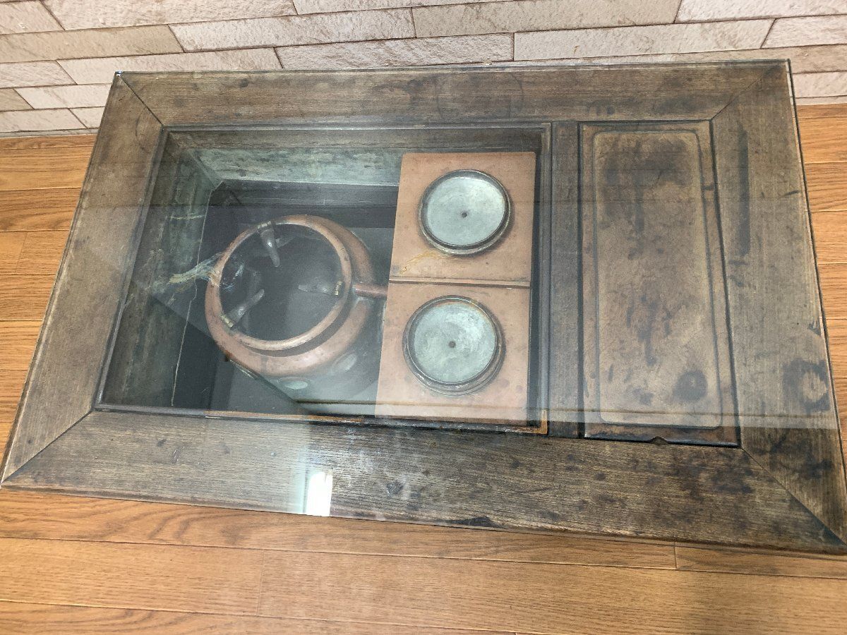 □長火鉢 角火鉢 箱火鉢 鉄瓶 ガラス天板付き 座卓 関西火鉢 囲炉裏