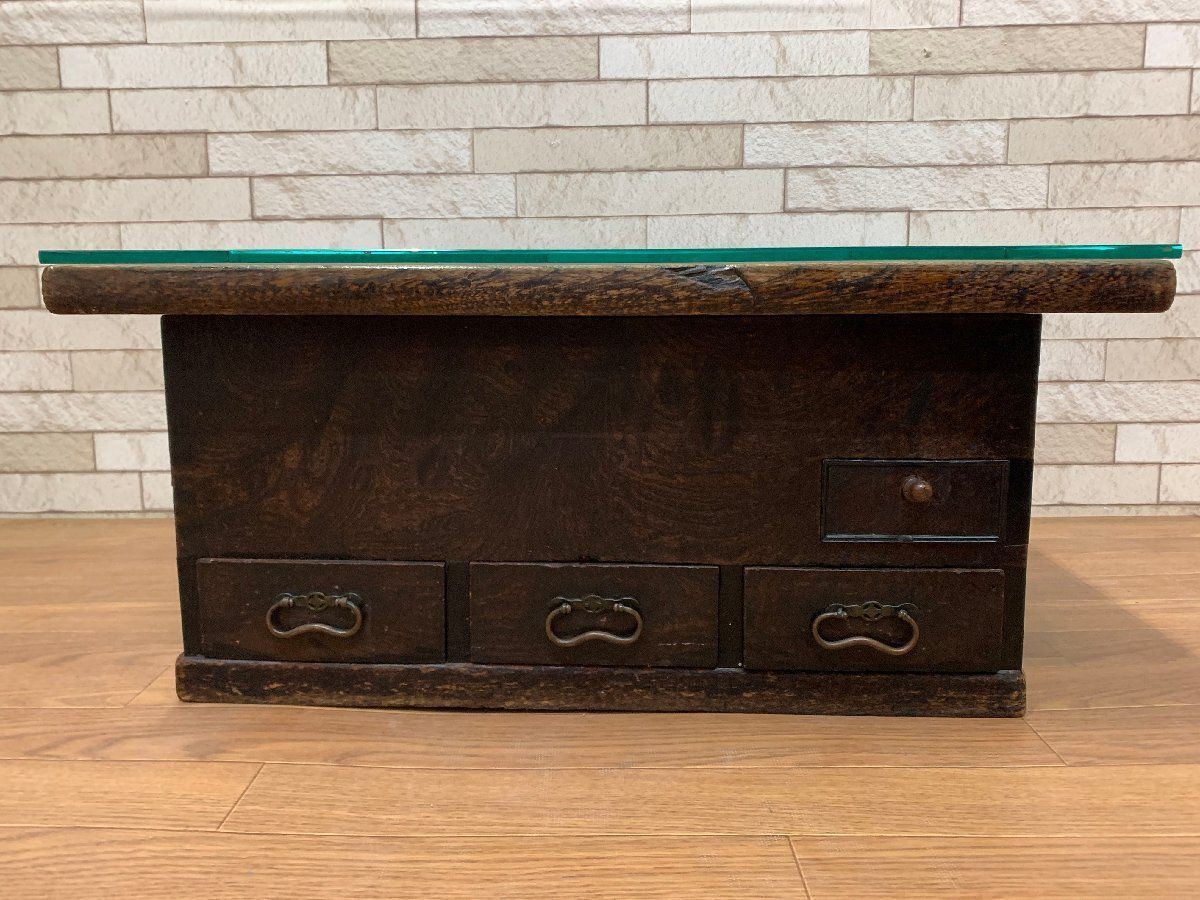 □長火鉢 角火鉢 箱火鉢 鉄瓶 ガラス天板付き 座卓 関西火鉢 囲炉裏