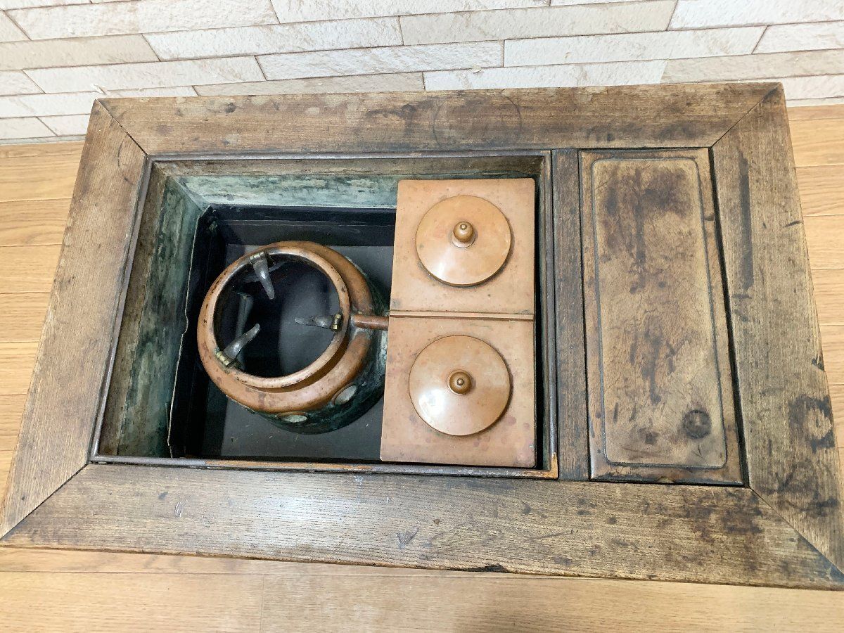 □長火鉢 角火鉢 箱火鉢 鉄瓶 ガラス天板付き 座卓 関西火鉢 囲炉裏