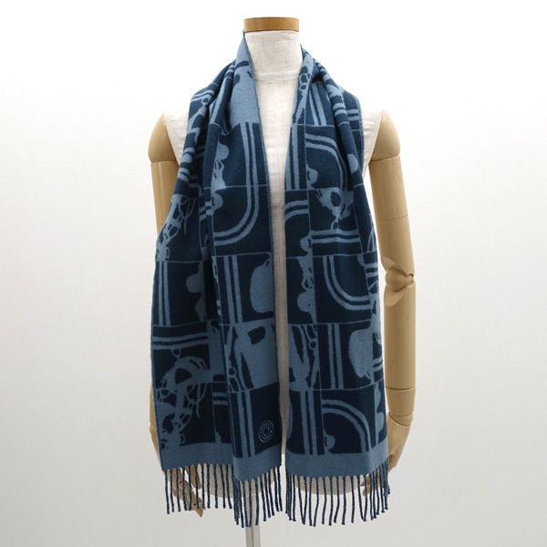 HERMES / エルメス ◇セリエ カシミア マフラー ネイビー 総柄