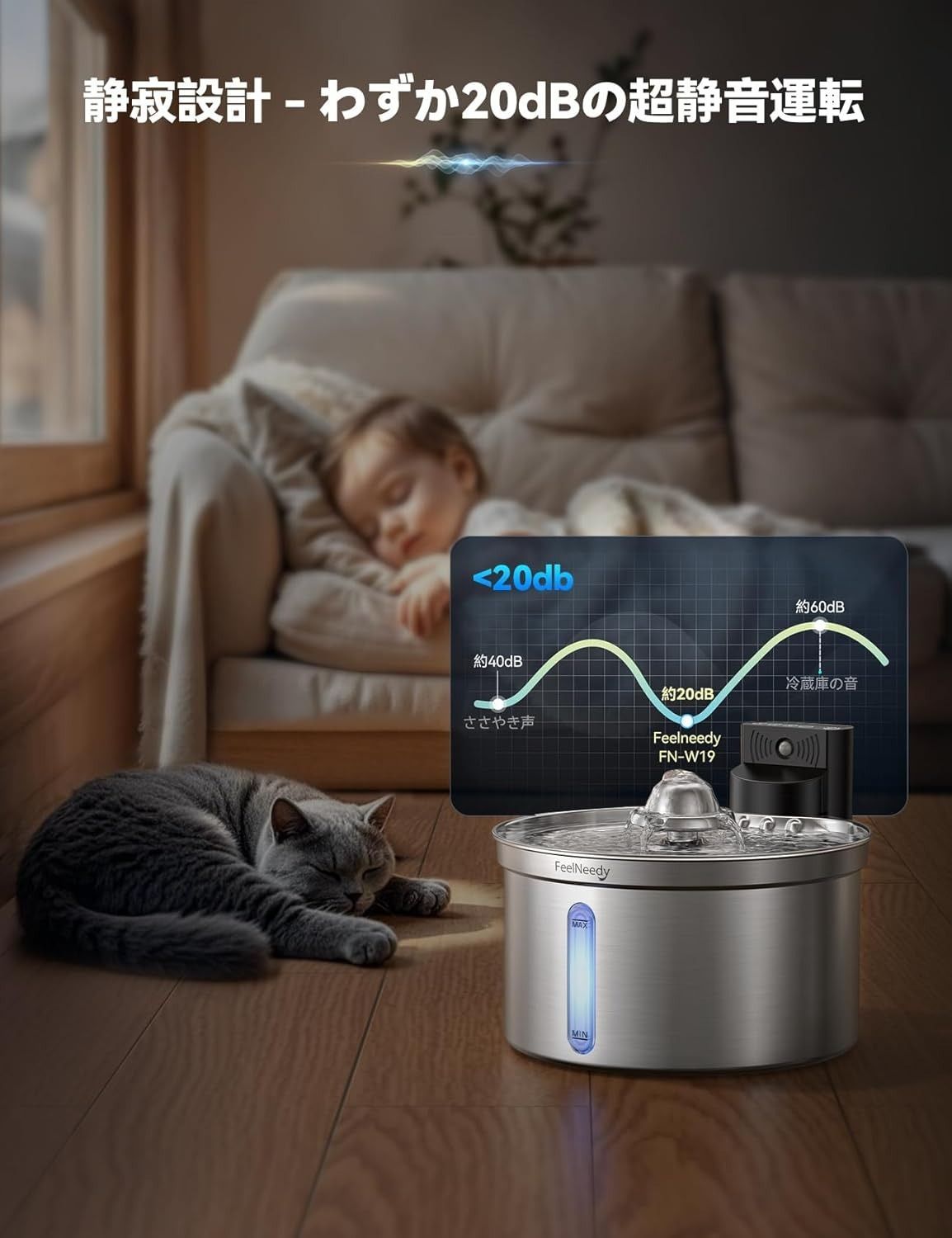 猫 給水器 コードレス充電式 自動 ステンレス製 ペット用ウォーター