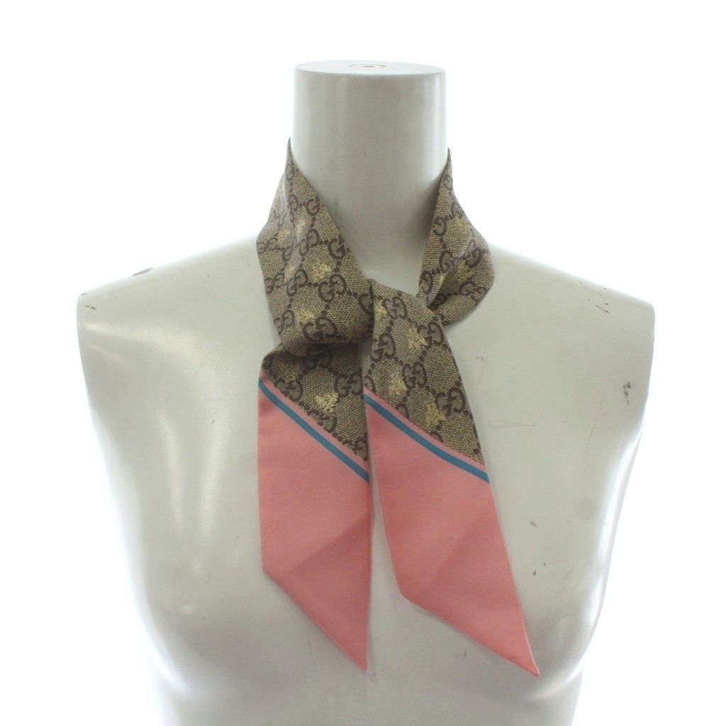 グッチ GUCCI スカーフ ネックボウ 絹 シルク GG柄 蜂 ビー 総柄 茶色