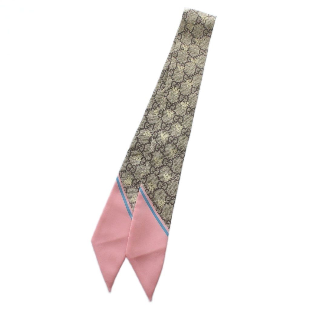 グッチ GUCCI スカーフ ネックボウ 絹 シルク GG柄 蜂 ビー 総柄 茶色